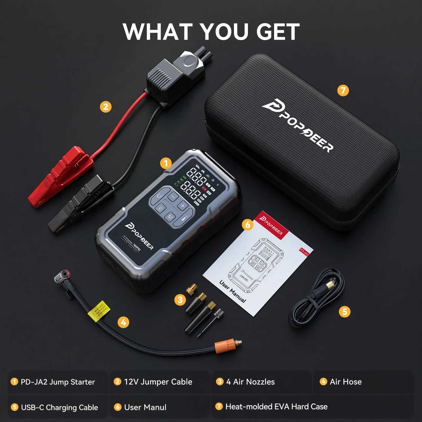 POPDEER PD-JA2 4000A Jump Starter with 160PSI Air Compressor, 8.0L Gas/6.0L Diesel Booster, 600LM Light & Power Bank, Large Screen