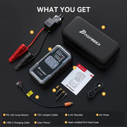 POPDEER PD-JA2 4000A Jump Starter with 160PSI Air Compressor, 8.0L Gas/6.0L Diesel Booster, 600LM Light & Power Bank, Large Screen
