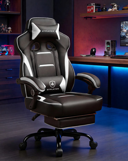 GTPLAYER Gaming chair with footrest, ergonomic office chair 180kg, heavy-duty gaming armchair with lumbar support and headrest, height-adjustable computer chair, padded, reclining 155°