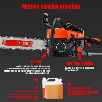 High Power 2 Stroke Gasoline Chainsaw Petrol Chain Saw Wood Cutting Tool Heavy Duty Logging Chainsaw Garden Pruning Saw Tree Cutting Machine Anti Slip Handle Home Farm Forestry Wood Cutter Professional Outdoor Power Tool Effi