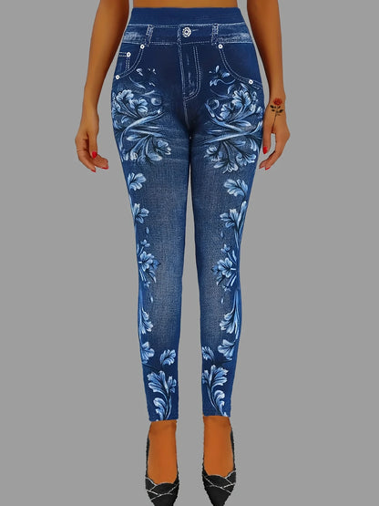 Women's Elegant Printed Faux Denim Leggings