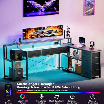 Computer Desk, Corner Desk with Storage Drawers, Power Outlets and USB Ports, Monitor Shelf, Led Lights Black/White