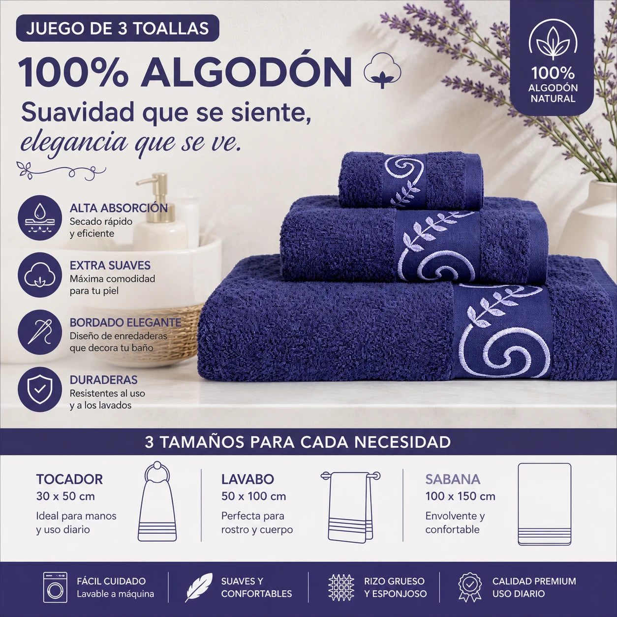 Set of 3 100% Natural Cotton Towels with Elegant Embroidery, 12 Colors Available, Set Consisting of Toilet Towel 30×50cm, Washbasin Towel 50×100cm and Bath Sheet 100×150cm, High Absorbency, Soft on the Skin, Machine Washab