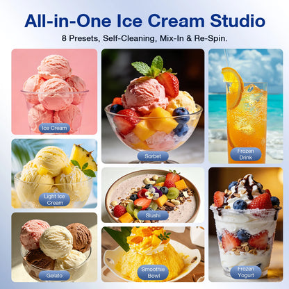 Teendow KF-2501U1 Ice Cream Maker with 8 Preset Programs, Self-Cleaning, Mix-In & Re-Spin Functions, Home Countertop Model