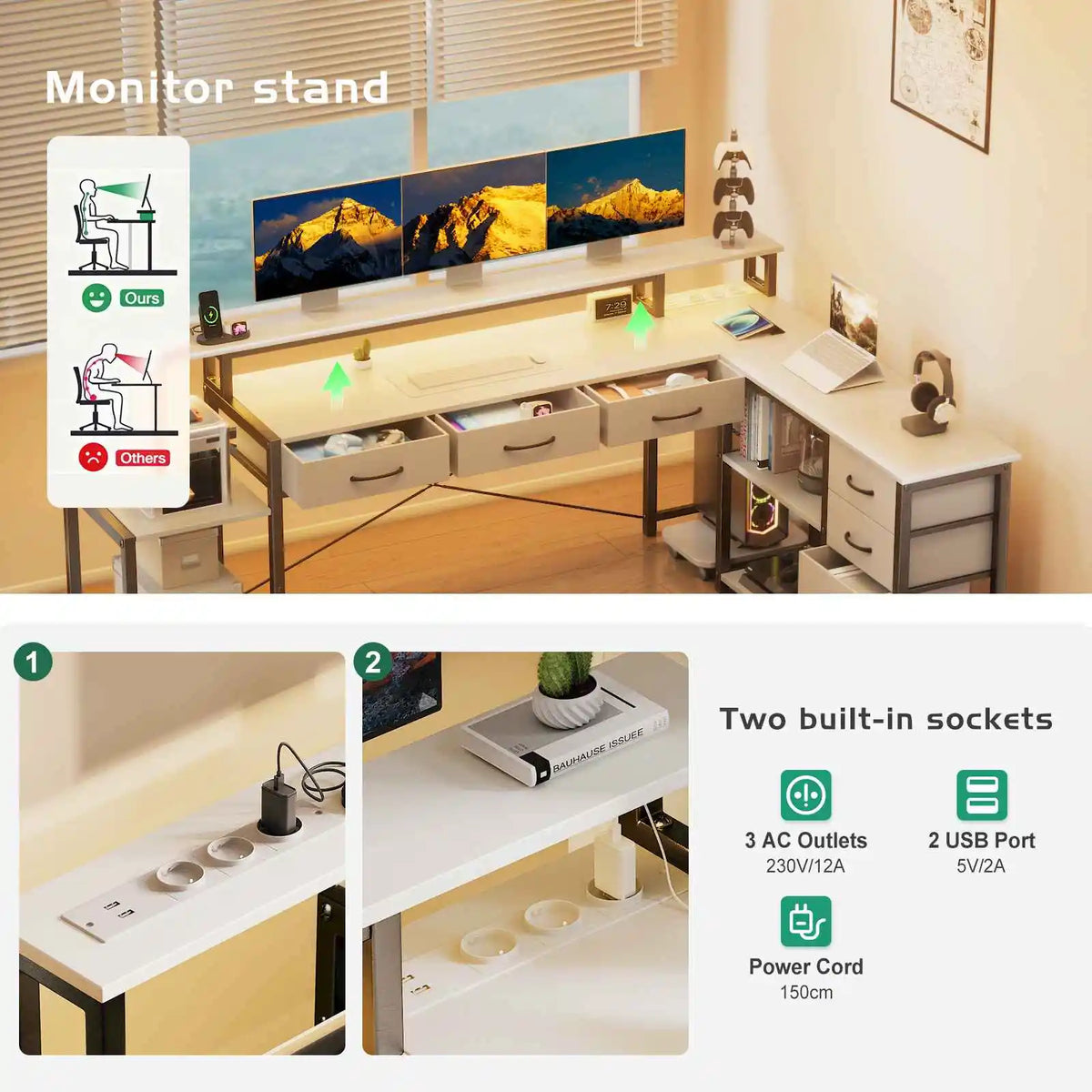 Desk, square table with drawers, sockets and USB ports, monitor stand and LED lighting included, black.