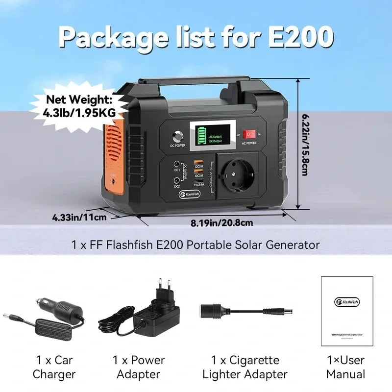 FlashFish E200 Portabel Powerstation 200W – 151Wh Solargenerator med AC/DC/USB, Camping & Nödström