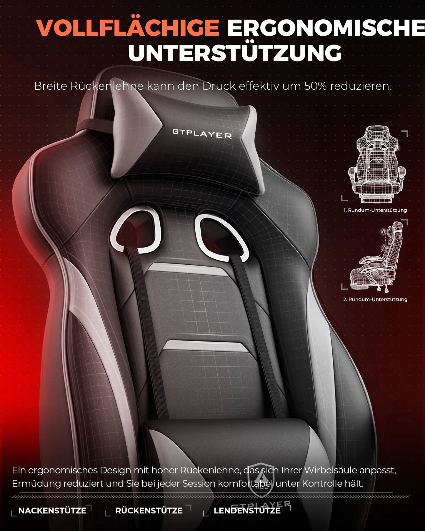 GTPLAYER Gaming chair with footrest, ergonomic office chair 180kg, heavy-duty gaming armchair with lumbar support and headrest, height-adjustable computer chair, padded, reclining 155°