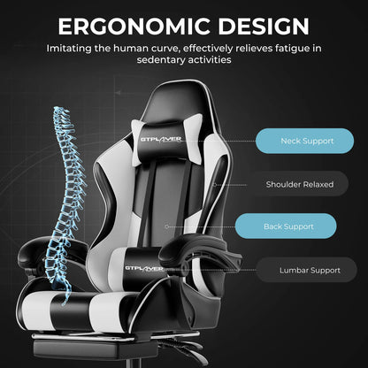 GTPLAYER Gaming chair with massage Lumin cushion & footrest, Ergonomic office chair with padded seat, swivel chair up to 150 kg