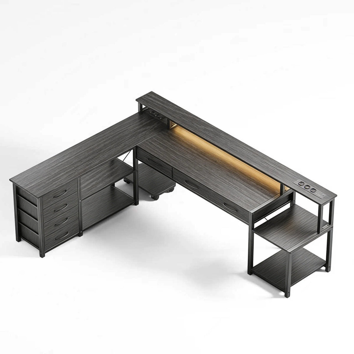 Computer Desk, Corner Desk with Storage Drawers, Power Outlets and USB Ports, Monitor Shelf, Led Lights Black/White
