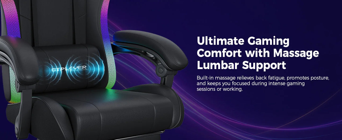 GTPLAYER Gaming Chair, Office Chair, Gaming Chair with LED Light Bar and Massage Function, Gamer Chair, Backrest with Storage Bag Ergonomic PC Chair with Remote Control