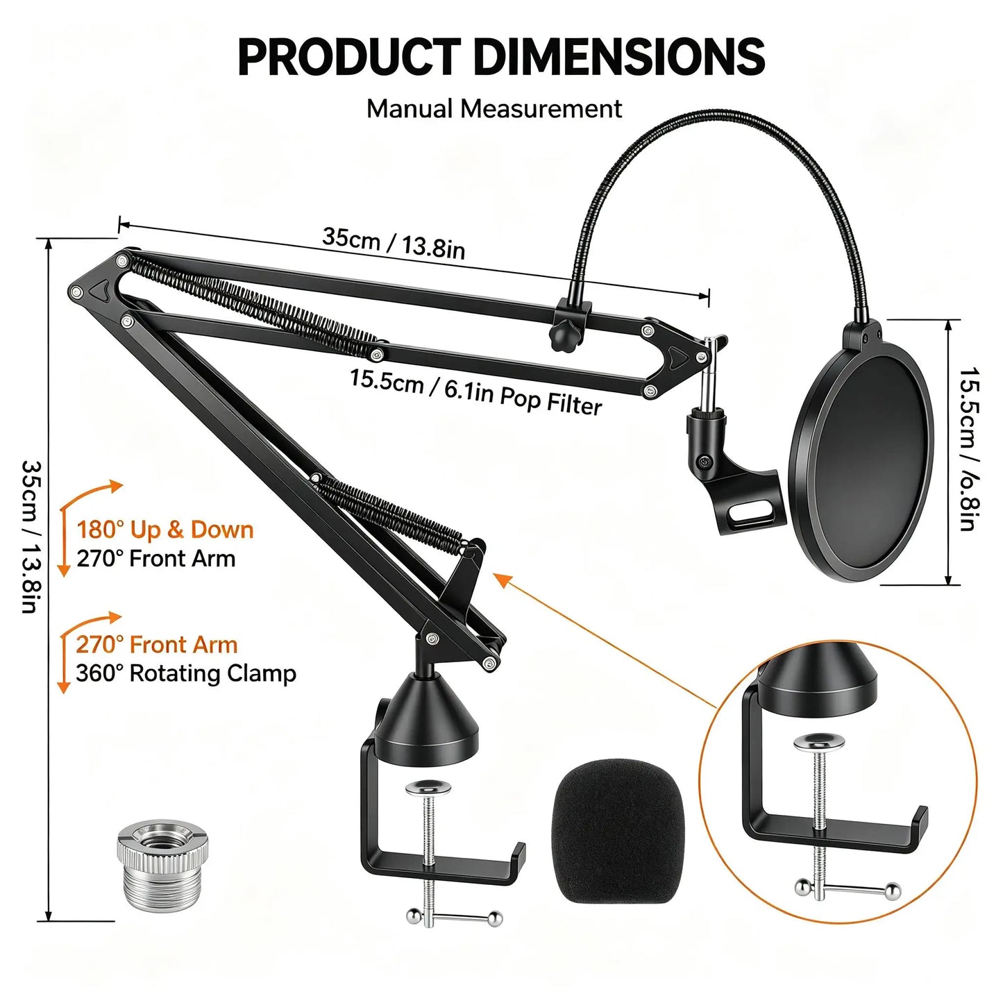 Heavy Duty Microphone Boom Arm Stand with Pop Filter, 2KG Load Capacity Adjustable Mic Scissor Arm with Cable Ties & 3/8" to 5/8" Adapter for Streaming Gaming Podcast