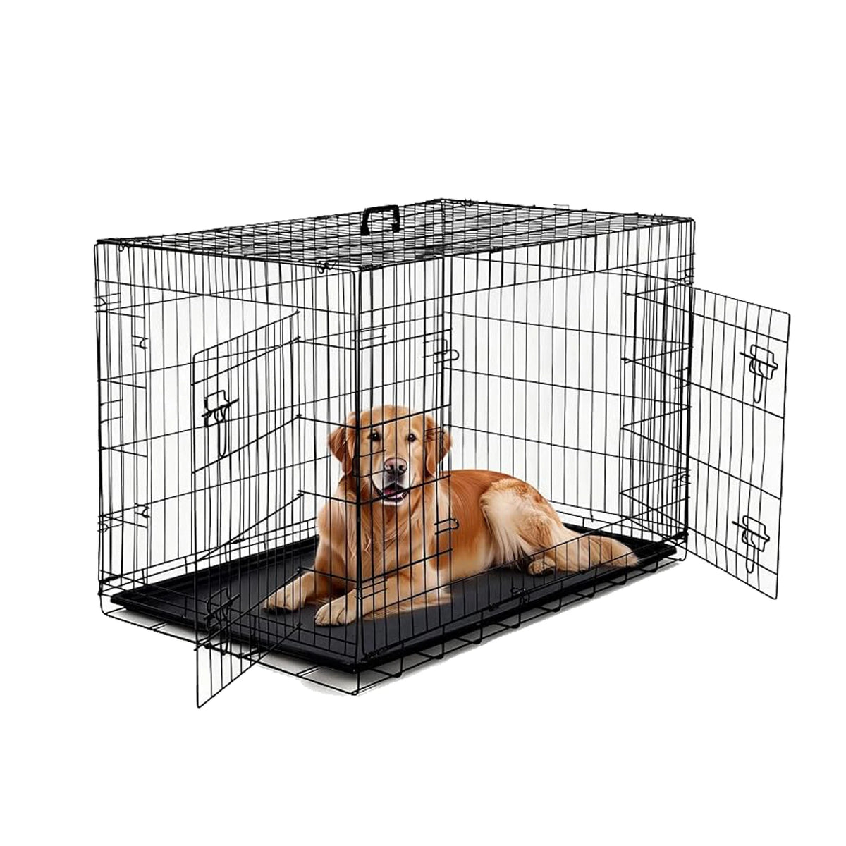 48 inch Double Door Dog Crate Foldable metal dog crate with double doors, adjustable divider, and removable tray for small dogs