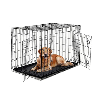 48 inch Double Door Dog Crate Foldable metal dog crate with double doors, adjustable divider, and removable tray for small dogs