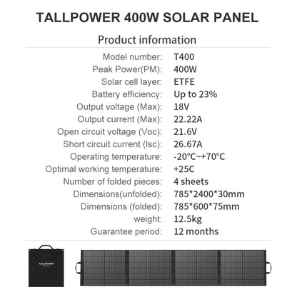 TALLPOWER TP400 400W Portable Foldable Solar Panel IP65 Waterproof High‑Efficiency Solar Charger for Power Station Camping RV Van Off‑Grid Emergency Power Supply