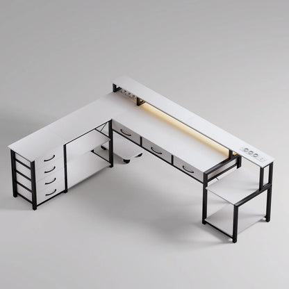 Computer Desk, Corner Desk with Storage Drawers, Power Outlets and USB Ports, Monitor Shelf, Led Lights Black/White