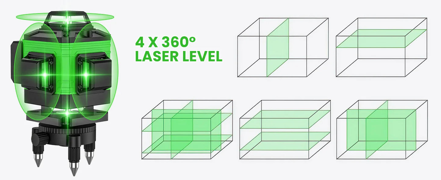 DWiusty 4D Lasernivå 16 Linjer – Grön Laser Självnivellering IP54 Stativ Tygväska Plastlåda 8/12/16 Linjer