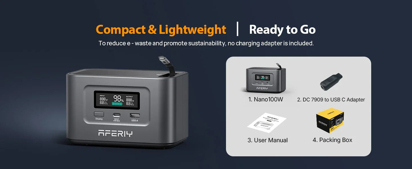 AFERIY Nano100 100W 99.2Wh Portable Power Station, LiFePO4 Battery, 1.5H Fast Charge, Dual 100W PD, with Type-C Cable