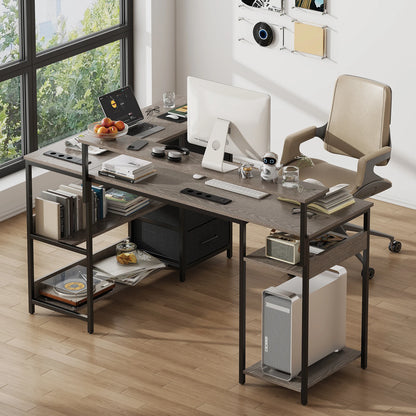 Corner Desk L Shaped Computer Desk with Monitor Stand Fabric Drawers & Storage Shelves Industrial Home Office Desk Wood Look Metal