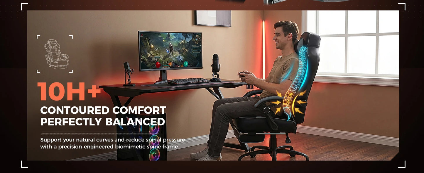 GTPLAYER Gaming chair with footrest, ergonomic office chair 180kg, heavy-duty gaming armchair with lumbar support and headrest, height-adjustable computer chair, padded, reclining 155°