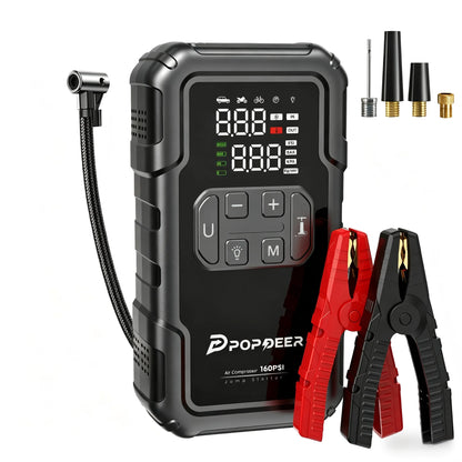 POPDEER PD-JA2 4000A Jump Starter with 160PSI Air Compressor, 8.0L Gas/6.0L Diesel Booster, 600LM Light & Power Bank, Large Screen