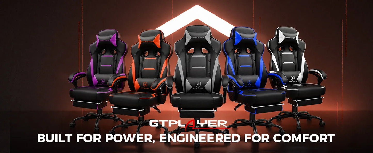 GTPLAYER Gaming chair with footrest, ergonomic office chair 180kg, heavy-duty gaming armchair with lumbar support and headrest, height-adjustable computer chair, padded, reclining 155°