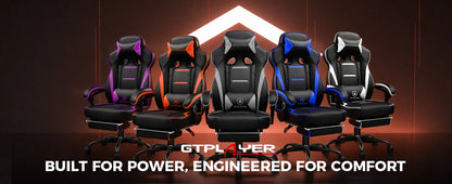 GTPLAYER Gaming chair with footrest, ergonomic office chair 180kg, heavy-duty gaming armchair with lumbar support and headrest, height-adjustable computer chair, padded, reclining 155°
