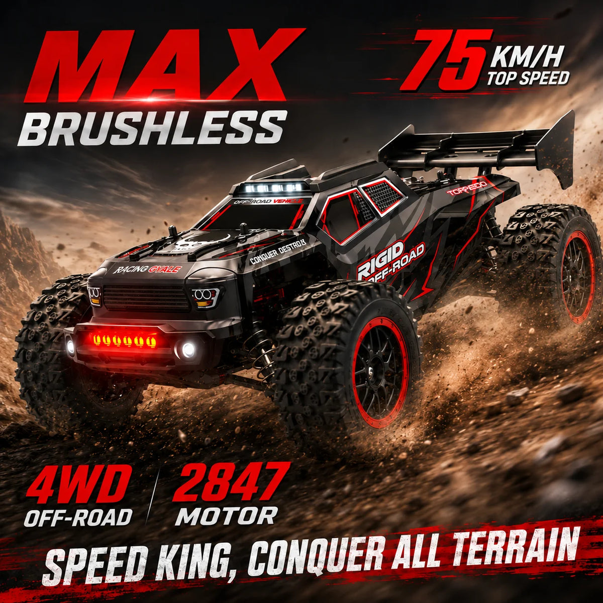 4Wd Brushless Rc Car 75Km/H Metal Differential Shaft Drive Independent Shock Absorbers Led Headlights 2.4g 300m Remote Control Off-Road Hobby Vehicle