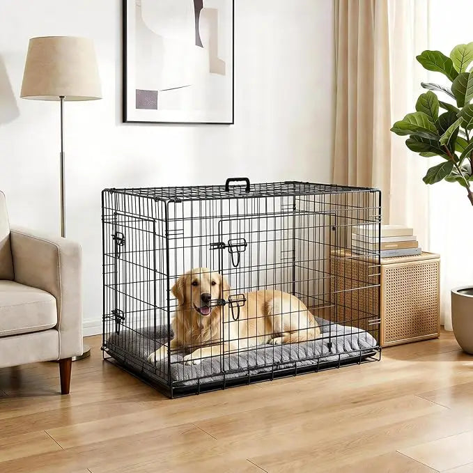 48 inch Double Door Dog Crate Foldable metal dog crate with double doors, adjustable divider, and removable tray for small dogs