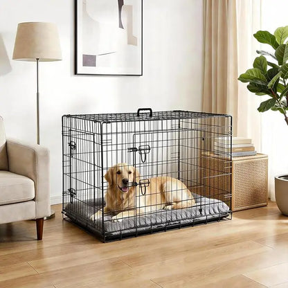 48 inch Double Door Dog Crate Foldable metal dog crate with double doors, adjustable divider, and removable tray for small dogs