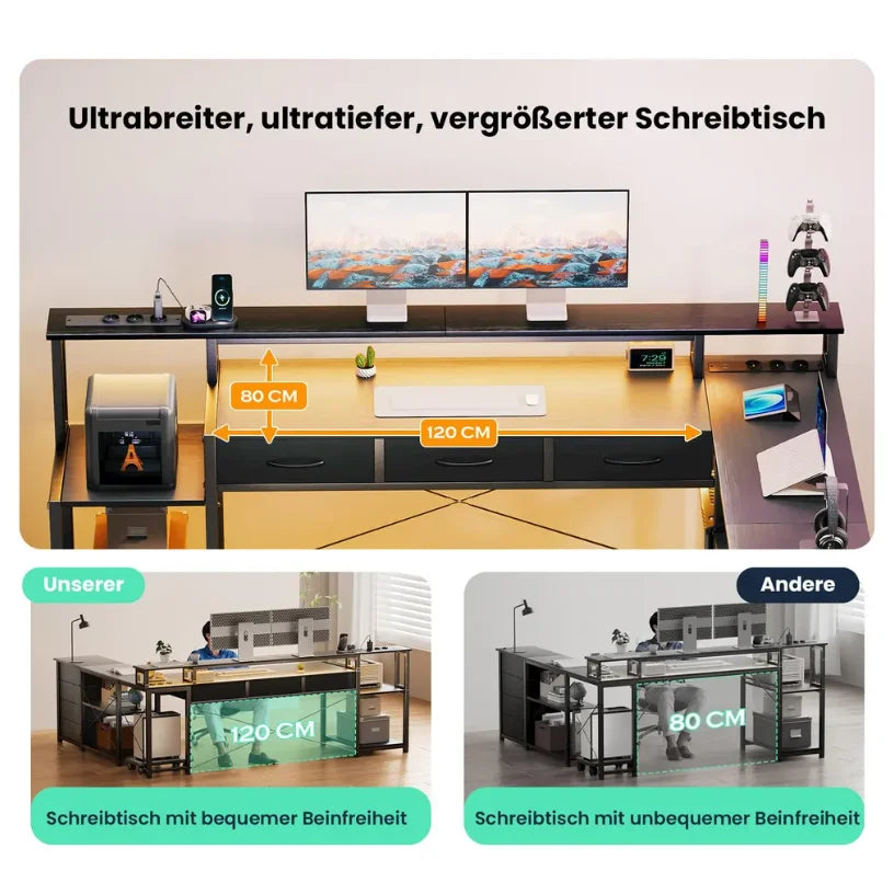 Computer Desk, Corner Desk with Storage Drawers, Power Outlets and USB Ports, Monitor Shelf, Led Lights Black/White