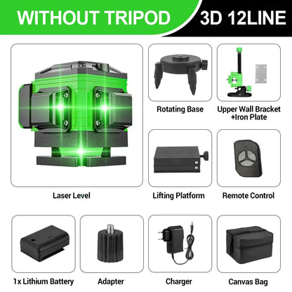 DWiusty 4D Lasernivå 16 Linjer – Grön Laser Självnivellering IP54 Stativ Tygväska Plastlåda 8/12/16 Linjer