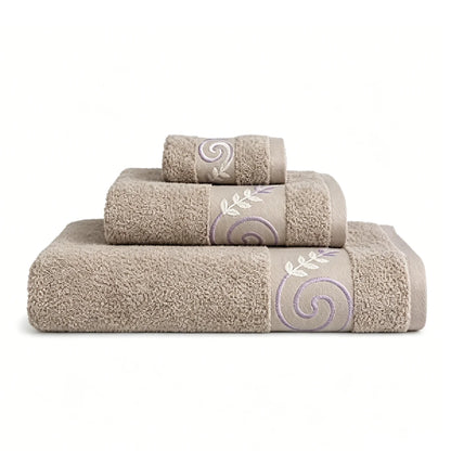 Set of 3 100% Natural Cotton Towels with Elegant Embroidery, 12 Colors Available, Set Consisting of Toilet Towel 30×50cm, Washbasin Towel 50×100cm and Bath Sheet 100×150cm, High Absorbency, Soft on the Skin, Machine Washab