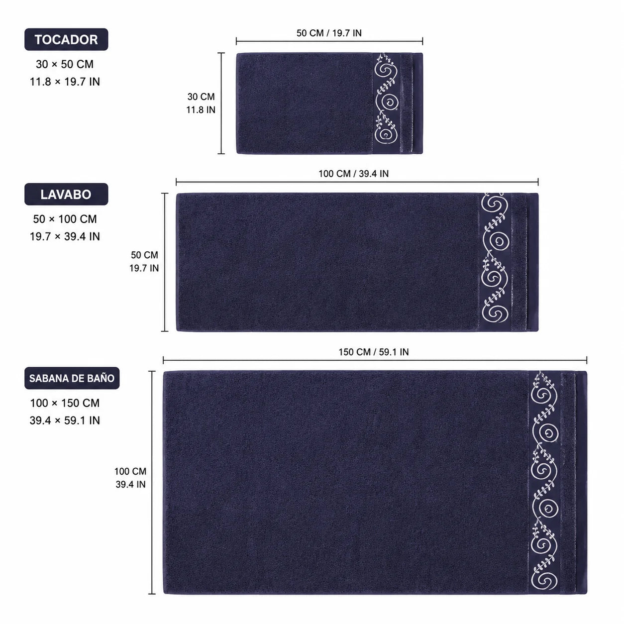 Set of 3 100% Natural Cotton Towels with Elegant Embroidery, 12 Colors Available, Set Consisting of Toilet Towel 30×50cm, Washbasin Towel 50×100cm and Bath Sheet 100×150cm, High Absorbency, Soft on the Skin, Machine Washab