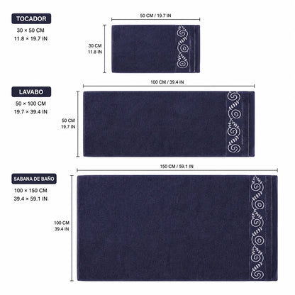 Set of 3 100% Natural Cotton Towels with Elegant Embroidery, 12 Colors Available, Set Consisting of Toilet Towel 30×50cm, Washbasin Towel 50×100cm and Bath Sheet 100×150cm, High Absorbency, Soft on the Skin, Machine Washab