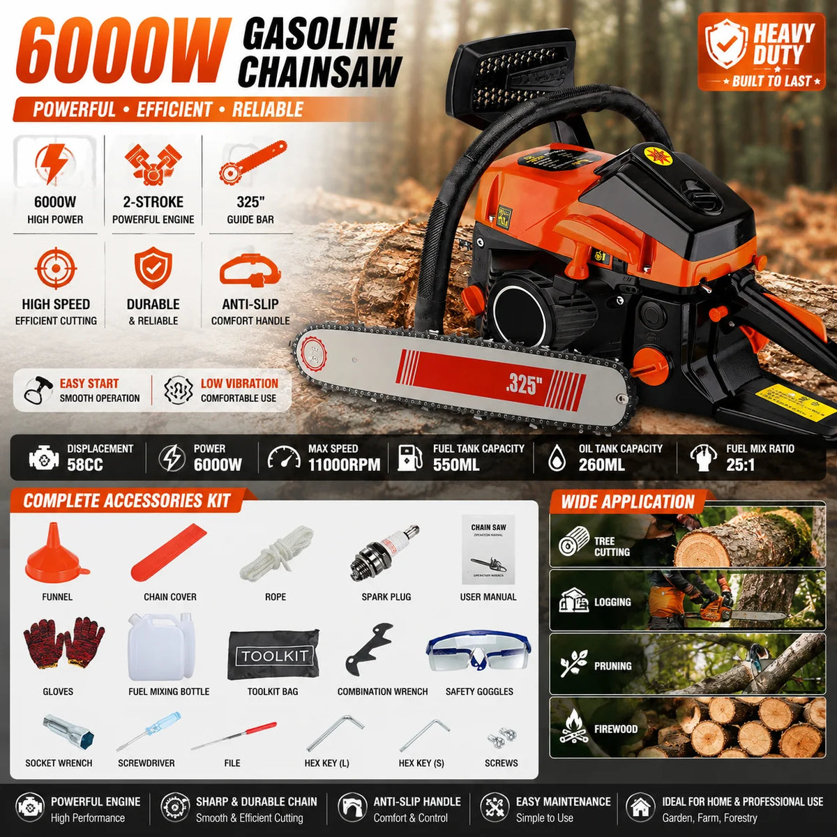 High Power 2 Stroke Gasoline Chainsaw Petrol Chain Saw Wood Cutting Tool Heavy Duty Logging Chainsaw Garden Pruning Saw Tree Cutting Machine Anti Slip Handle Home Farm Forestry Wood Cutter Professional Outdoor Power Tool Effi
