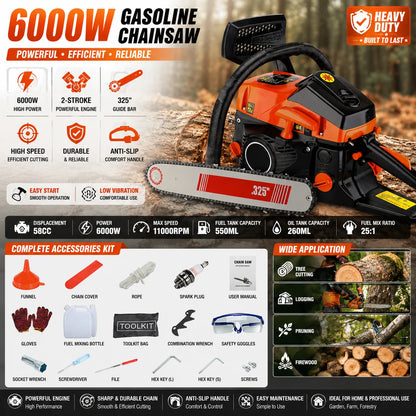 High Power 2 Stroke Gasoline Chainsaw Petrol Chain Saw Wood Cutting Tool Heavy Duty Logging Chainsaw Garden Pruning Saw Tree Cutting Machine Anti Slip Handle Home Farm Forestry Wood Cutter Professional Outdoor Power Tool Effi