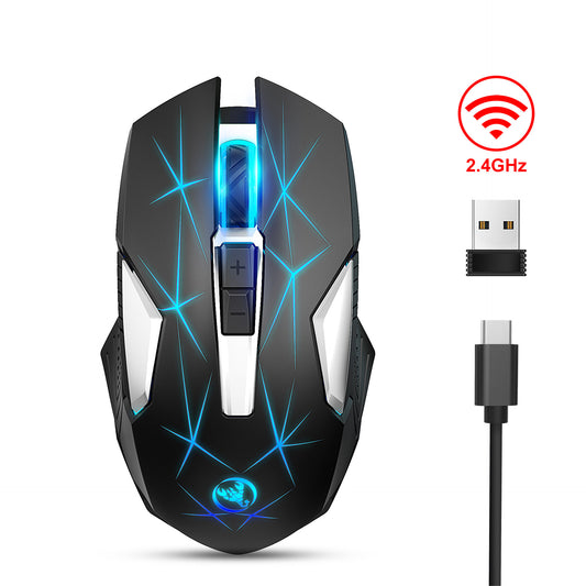 T300 Trådlös Mus med 2,4G och Färgglatt Andningsljus – 600 mAh, 2400 DPI, USB-C (Svart/Vit)