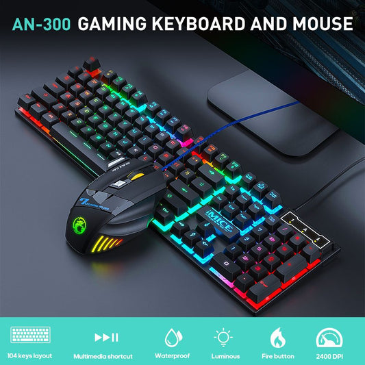 AN-300 Kabelanslutet Gaming-tangentbord och Mus-set – 104 Tangenter, Regnbågs-RGB och 2400 DPI
