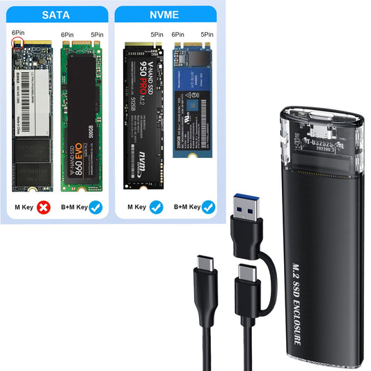 Transparent M.2 SSD-chassi i Aluminium – USB-C 3.1, 10 Gbps, upp till 2TB (SATA/NVMe)