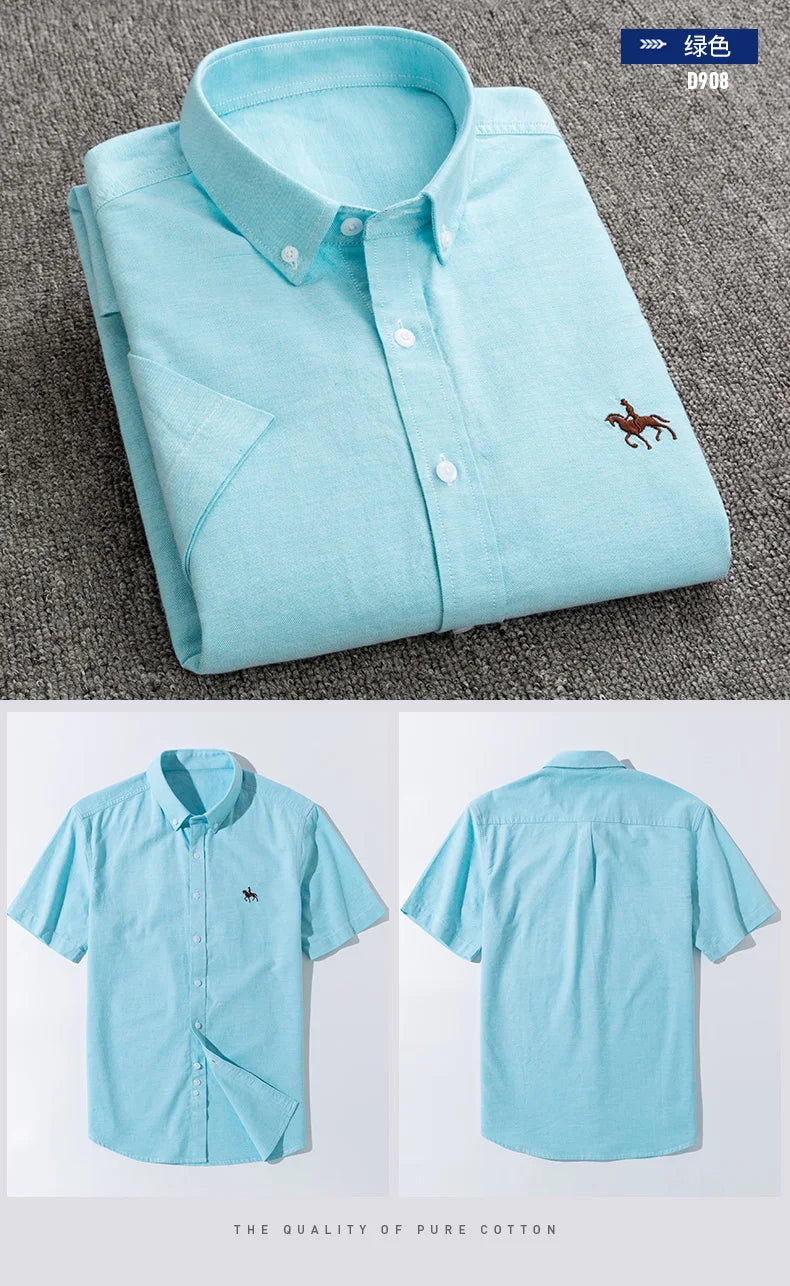 Summer 100% Cotton Oxford Men's Dress Shirts White Short Sleeve Embroidery Soft Comfortable Slim Fit Business Man Casual Shirts