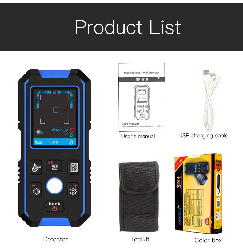 NOYAFA NF-518 Metal Detector Backlit Black AC Wood Stud Finder Cable Wires Depth Tracker Undeground Wall Scanner LCD HD Display