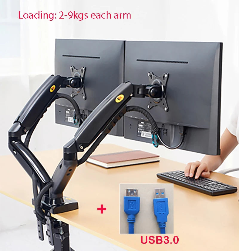 New NB F160 Gas Spring Desktop 17'-27' Dual Monitor Holder Arm With 2 USB3.0 Monitor Mount Bracket Load 2-9 Kg Each Arm