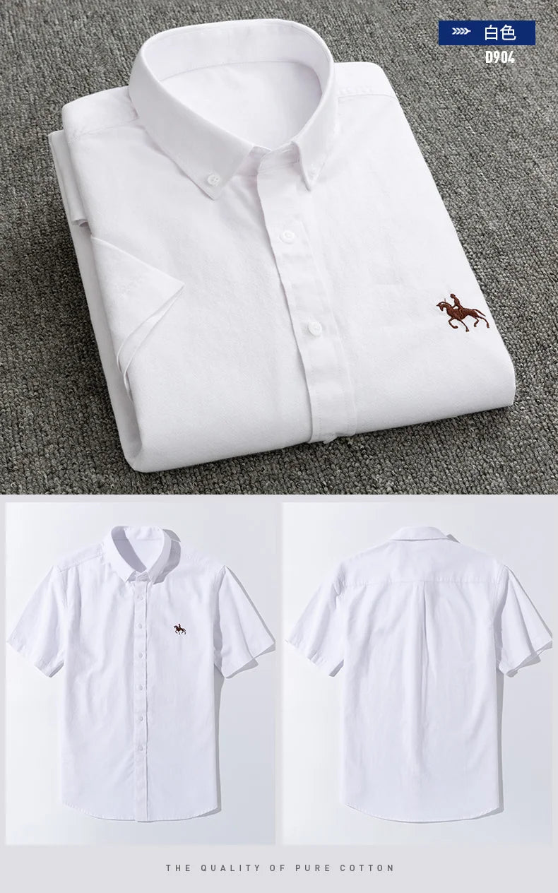 Summer 100% Cotton Oxford Men's Dress Shirts White Short Sleeve Embroidery Soft Comfortable Slim Fit Business Man Casual Shirts