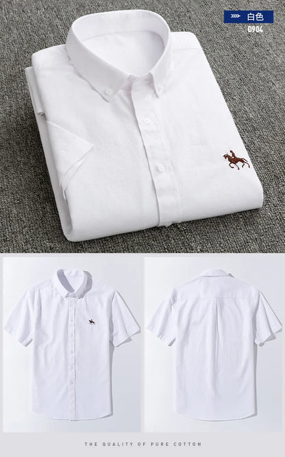 Summer 100% Cotton Oxford Men's Dress Shirts White Short Sleeve Embroidery Soft Comfortable Slim Fit Business Man Casual Shirts