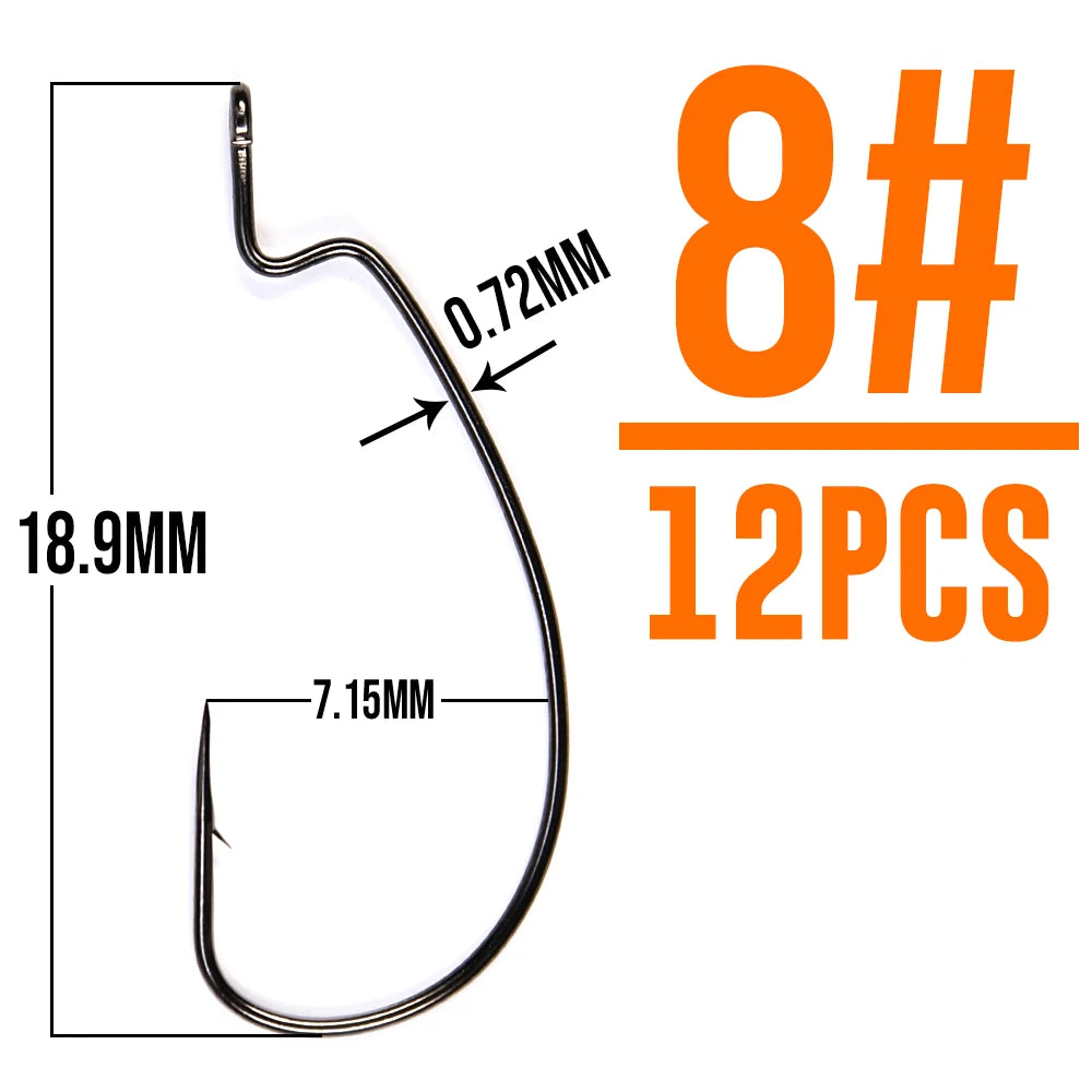 B&U Thin Wire Offset EWG Worm Hook with big rings Carbon Steel Crank Hooks Fishing Accessories For Soft lure tackle 12pcs