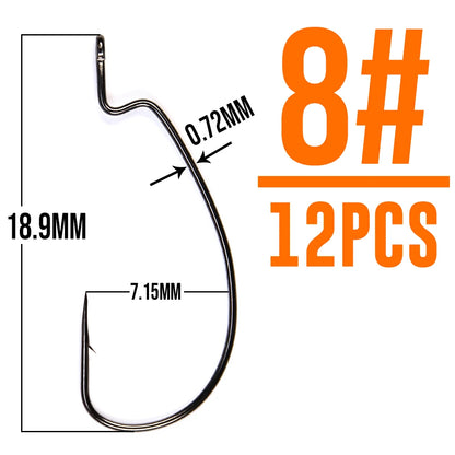 B&U Thin Wire Offset EWG Worm Hook with big rings Carbon Steel Crank Hooks Fishing Accessories For Soft lure tackle 12pcs
