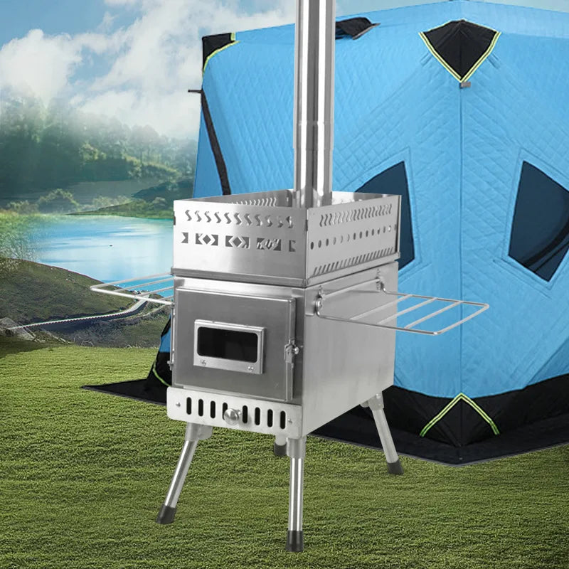 Vedeldad Bastukamin i Rostfritt Stål – 50×67×61 cm, Hopfällbar, Bastu & Camping