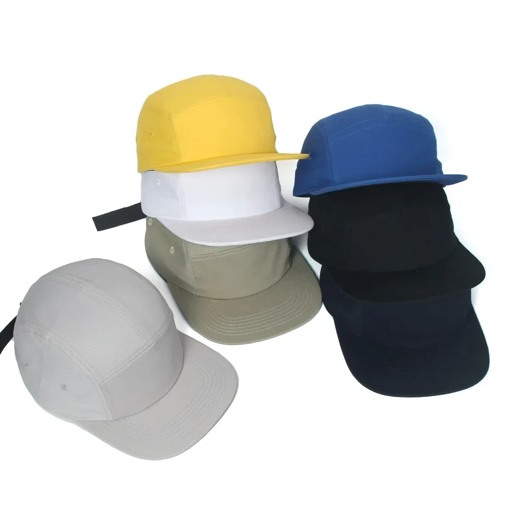 DongKing 5 Panel Cap Short Brim Hat Flat Bill Cotton Blank Camping Hats Solid Colors Low Crown Classic Adjustable