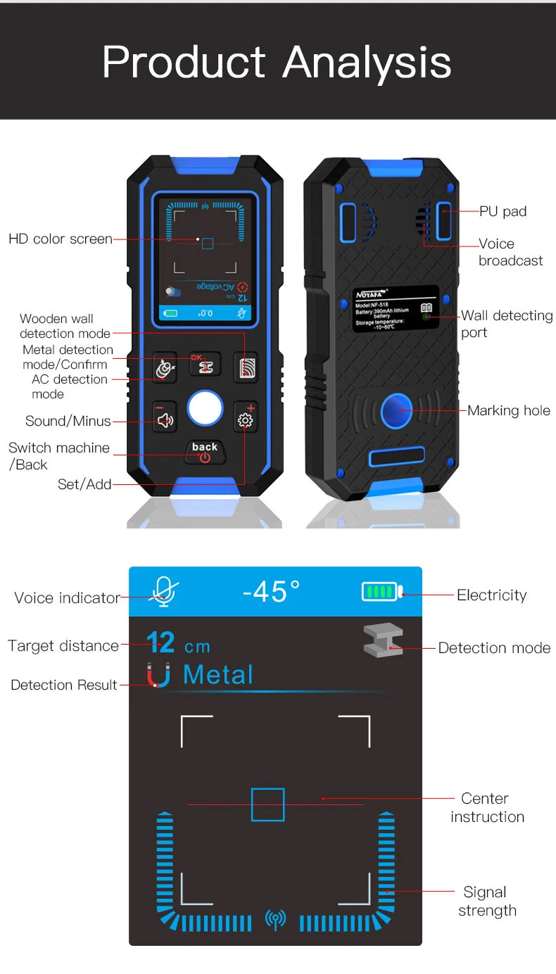 NOYAFA NF-518 Metal Detector Backlit Black AC Wood Stud Finder Cable Wires Depth Tracker Undeground Wall Scanner LCD HD Display