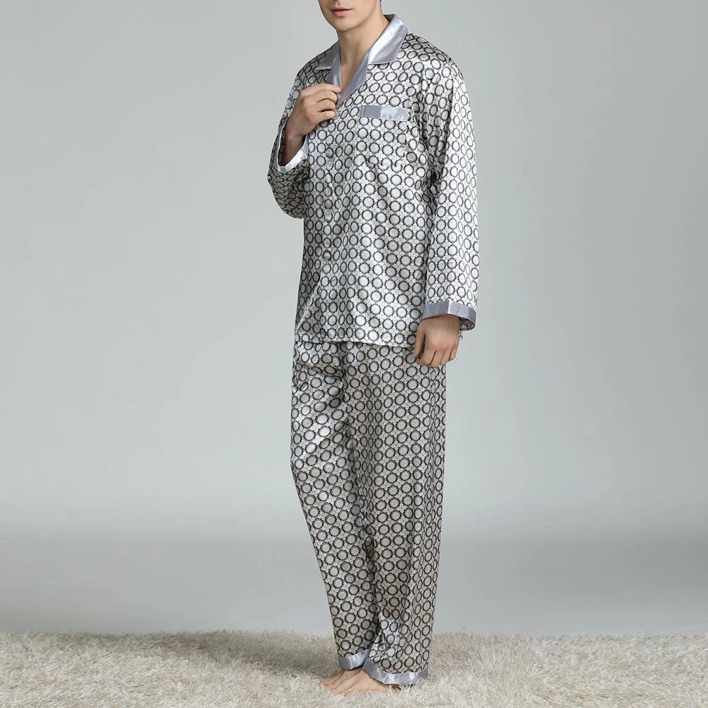 Pyjamasset herr med satinkänsla – långärmat med krage, G21090841, L–3XL